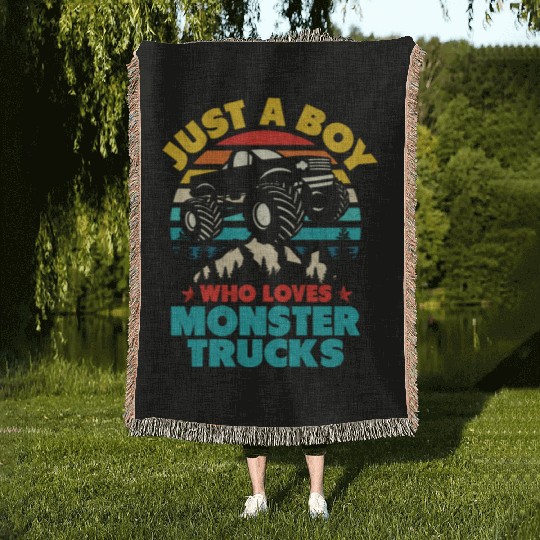 Just A Boy Who Loves Monster Trucks Toddler Kids Woven Blankets