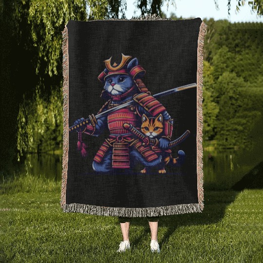 Light Samurai Cat Woven Blankets