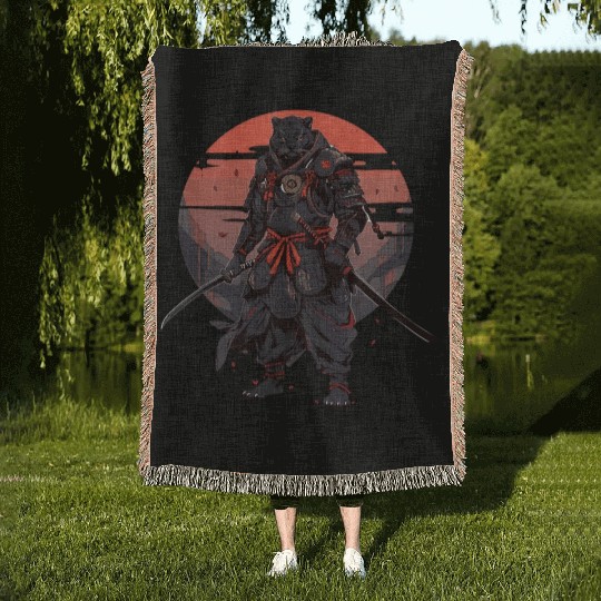 Samurai Katana Sword Japanese Panhter Woven Blankets