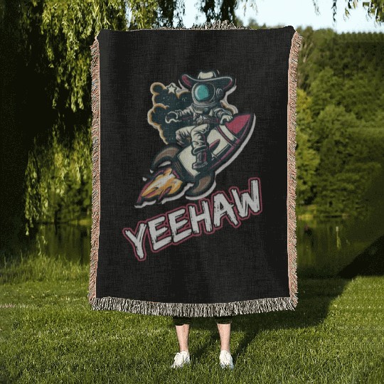 Space Cowboy Riding a Rocket with Yeehaw Slogan Woven Blankets