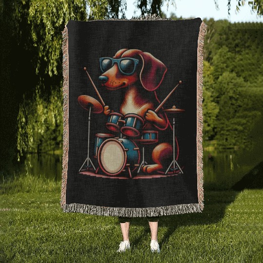Dachshund Drummer Wiener Dog Design Woven Blankets