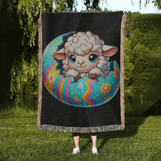Colorful Lamb Hatching from Easter Egg Cartoon Woven Blankets