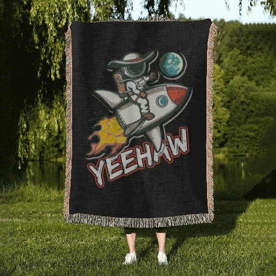Space Cowboy Riding a Rocket with Yeehaw Slogan Woven Blankets