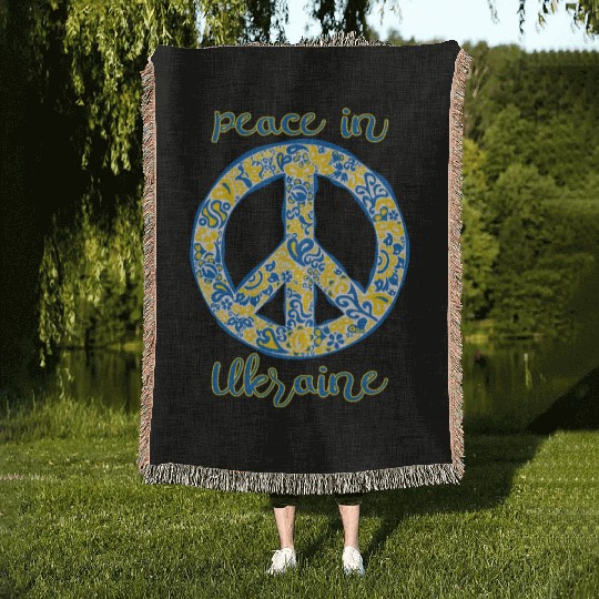 Peace in Ukraine typography with pacific symbol Woven Blankets