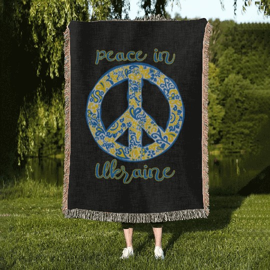 Peace in Ukraine typography with pacific symbol Woven Blankets