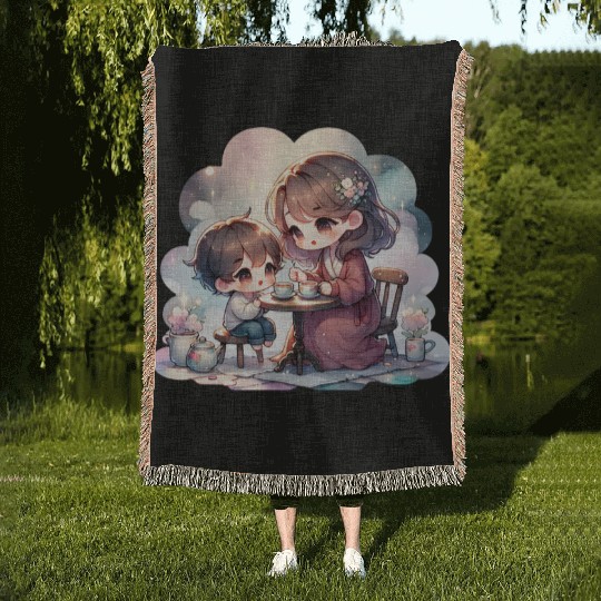 Mother and Son Enjoying a Cozy Tea Party Woven Blankets