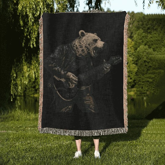 Grizzly Bear Playing Guitar Woven Blankets
