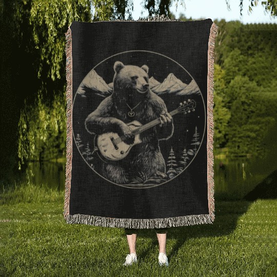 Grizzly Bear Playing Guitar Woven Blankets