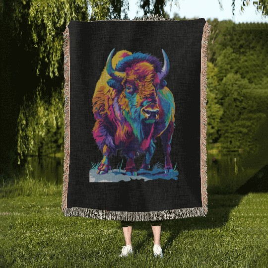 Colorful Bison Abstract Animal Art Wildlife Woven Blankets