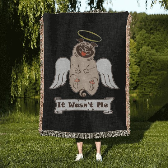 It Was not Me pug dog with angel wings and nimbus Woven Blankets