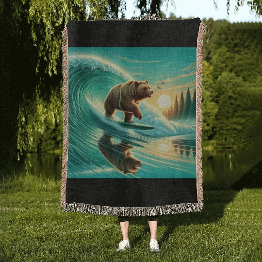Grizzly bear windsurfing Woven Blankets