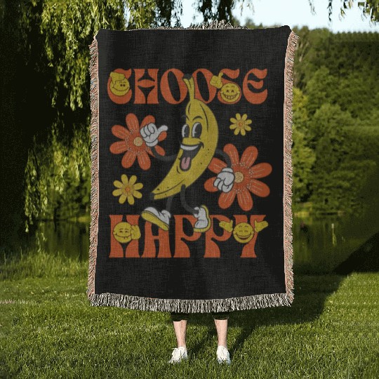Choose Happy Retro Banana Mascot Woven Blankets