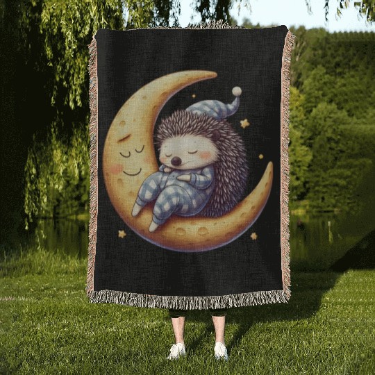 Tired Hedgehog in Pajamas: Moon Serenity Woven Blankets