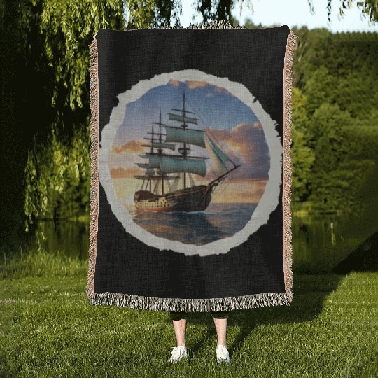 Ship running on the sea. Woven Blankets