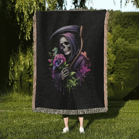 Grim Reaper Holding Sweet Pea flower Woven Blankets