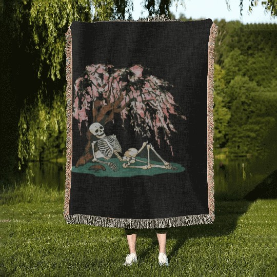 Skeleton in Repose Under a Cherry Blossom Tree Woven Blankets