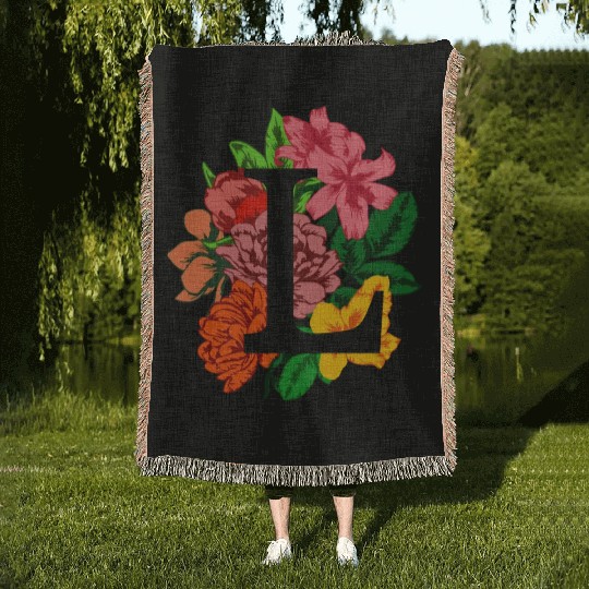 Capital letter L monogram with peony, lily flowers Woven Blankets