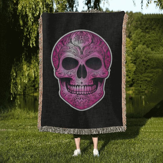 vintage tribal pink Mexican skull Woven Blankets