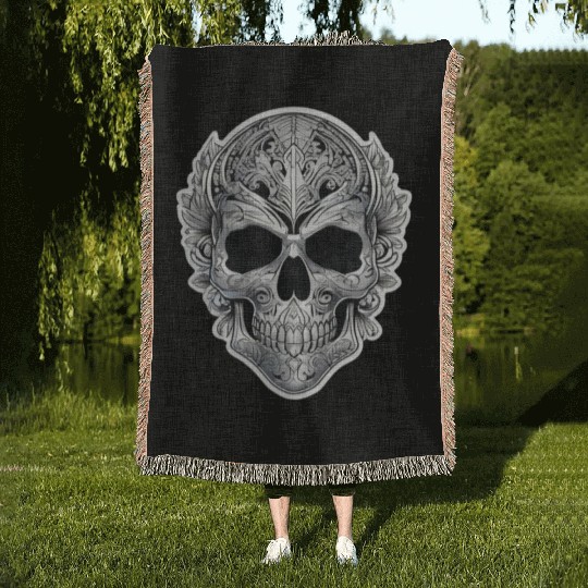 Mexican tribal silver metallic skull Woven Blankets