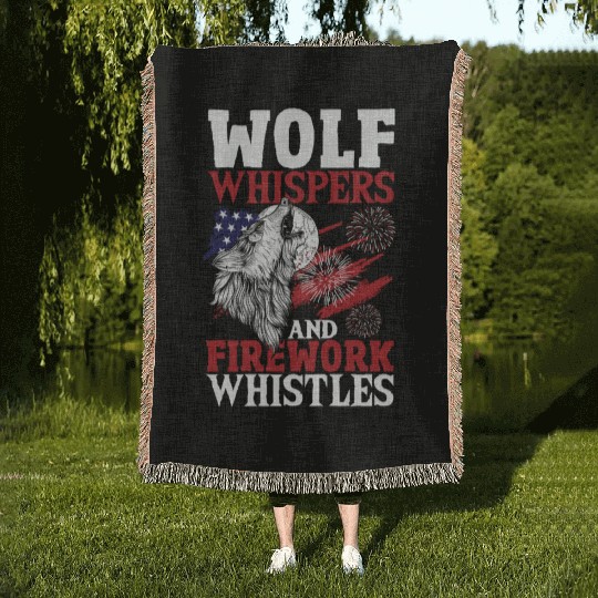 Howling Wolf White Stars Red Stripes American Woven Blankets