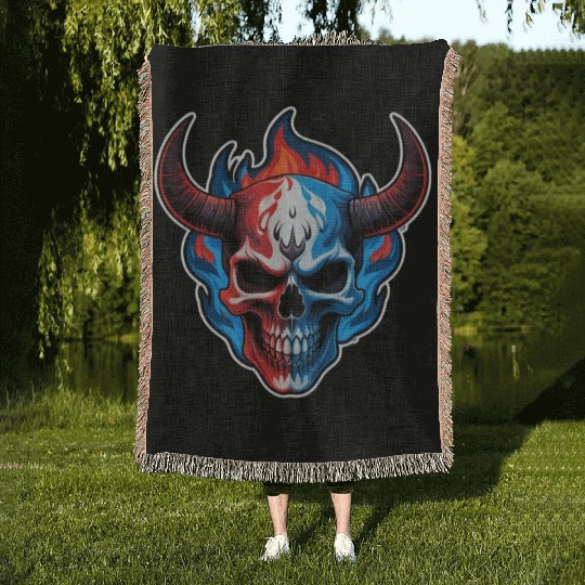Infernal Fusion: Horned Skull- skull Woven Blankets