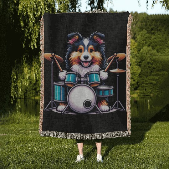 Cool Sheltie Puppy Drummer Design Woven Blankets