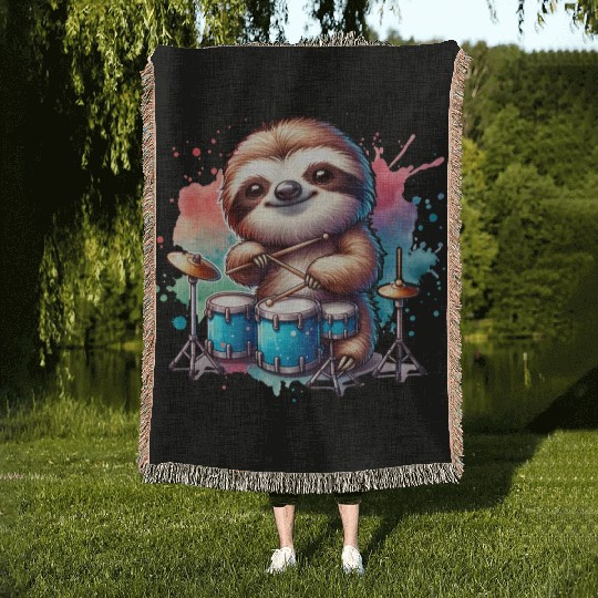 Cool Sloth Drummer Lazy Beats Design Woven Blankets