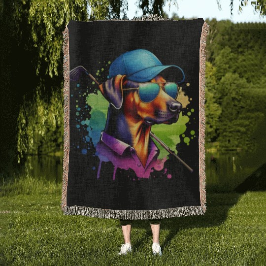 Rhodesian Ridgeback Golfer Golf Course Dogs Woven Blankets