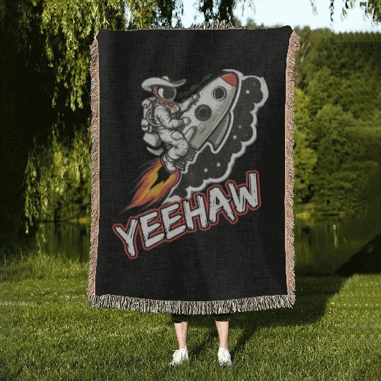 Space Cowboy Riding a Rocket with Yeehaw Slogan Woven Blankets