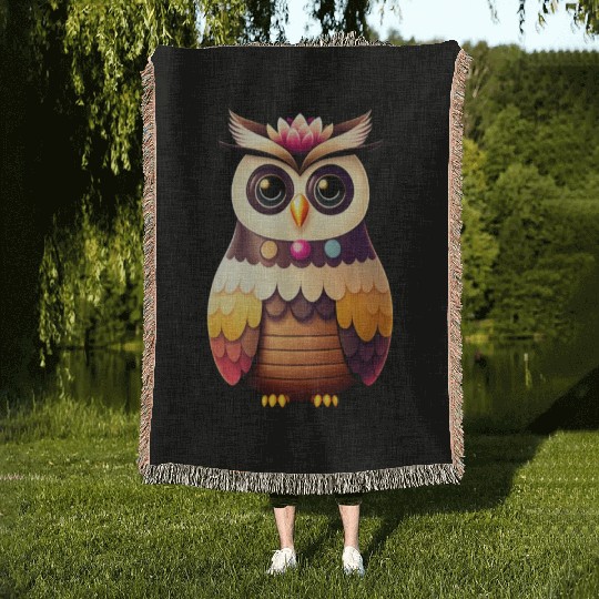 Cute deco owl illustration Woven Blankets