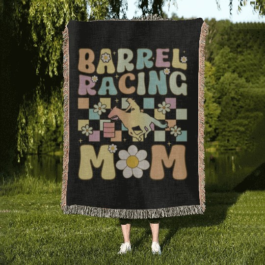 Barrel Racing Mom Groovy Female Barrel Racer Rodeo Woven Blankets