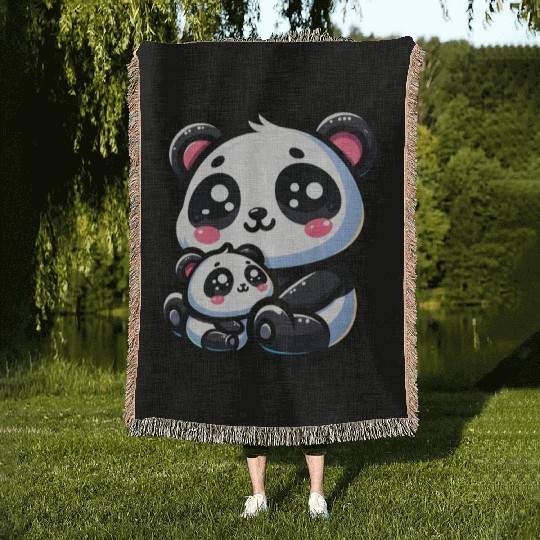 Proud Mother Panda With Her Cub for Mother's Day Woven Blankets