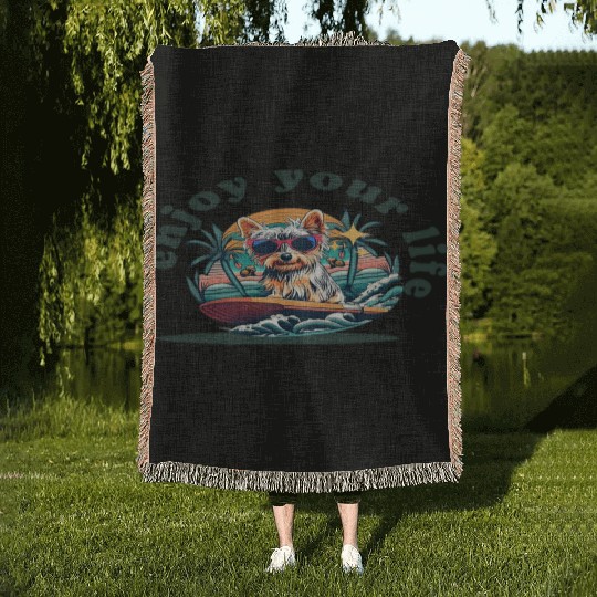 Enjoy Your Life: Yorkie Dog Surfing Premium Cotton Woven Blankets