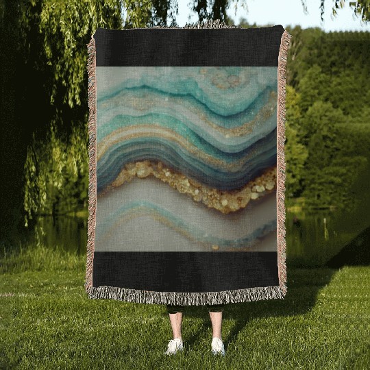 Teal Agate Geode Stone Woven Blankets