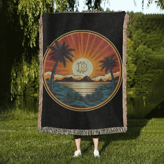Retro Beach Sunset Funny Crypto Blockchain Woven Blankets