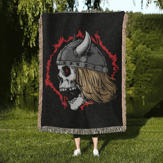 Viking Skull Warrior Wearing Helmet Woven Blankets