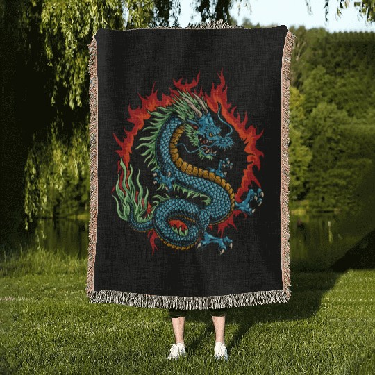 Angry Japanese Dragon Woven Blankets