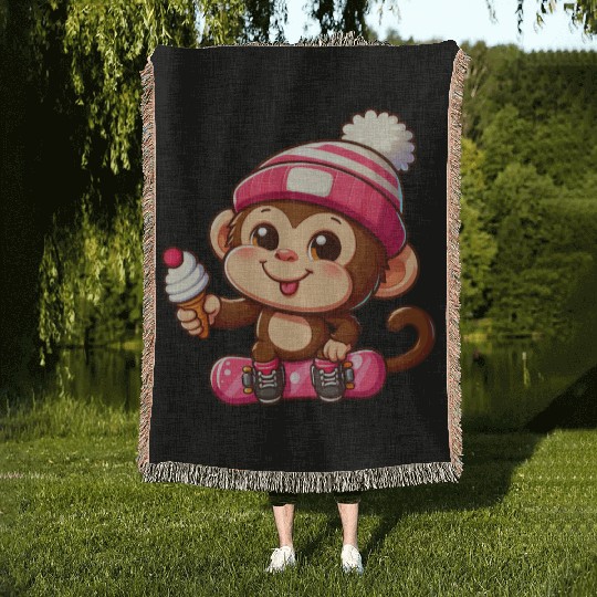Chimpanzee Snowboarder Winter Action Woven Blankets