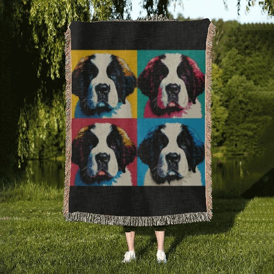 Pop Retro Saint Bernard Puppy Art - Dog Portrait Woven Blankets