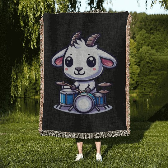 Cute Goat Drummer Farm Band Design Woven Blankets