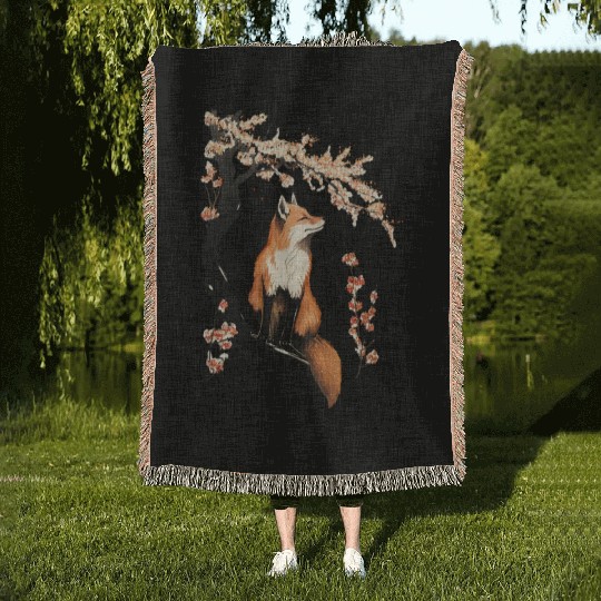 Fox & Sakura: Wildlife and Spring Scenery Cherry Woven Blankets