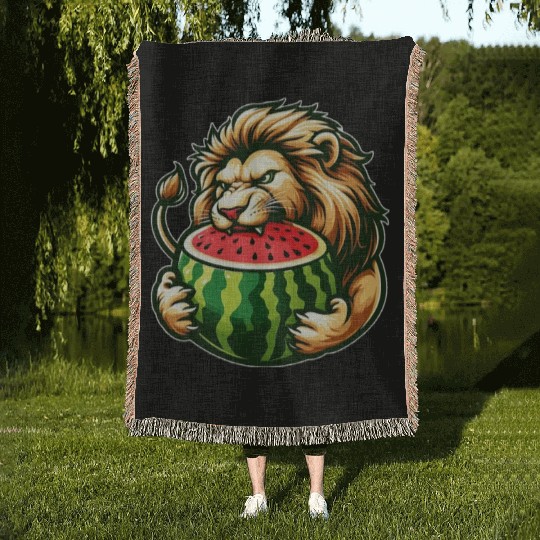 Lion Enjoying a Juicy Watermelon Woven Blankets