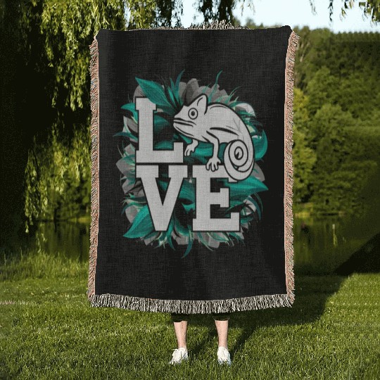 Chameleon Lizard Love Green Teal Text Design Woven Blankets