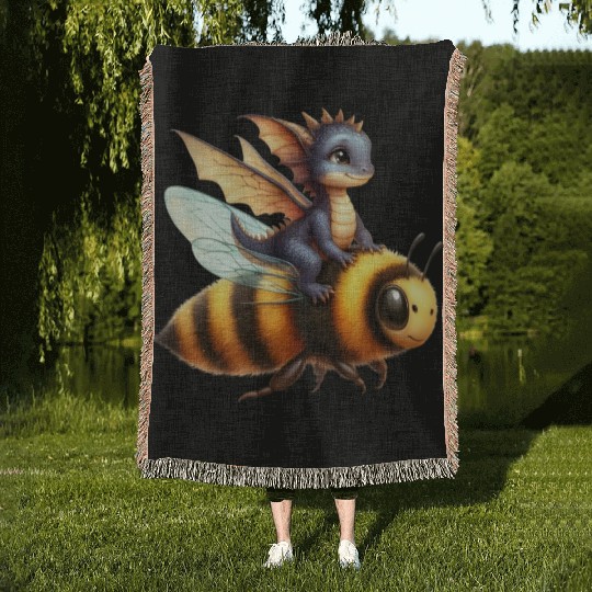 Fun Baby Dragon Riding a Bumble Bee Woven Blankets