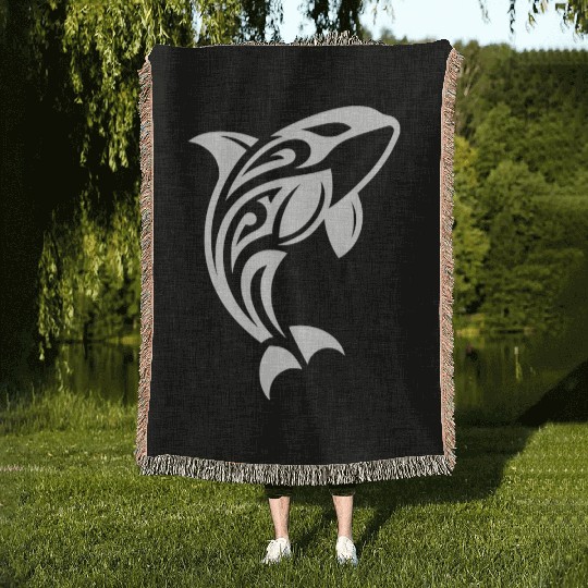 Jumping Orca T Tattoo Style Woven Blankets