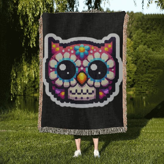 Cute Dead Sugar Owl , day of the dead owl Woven Blankets