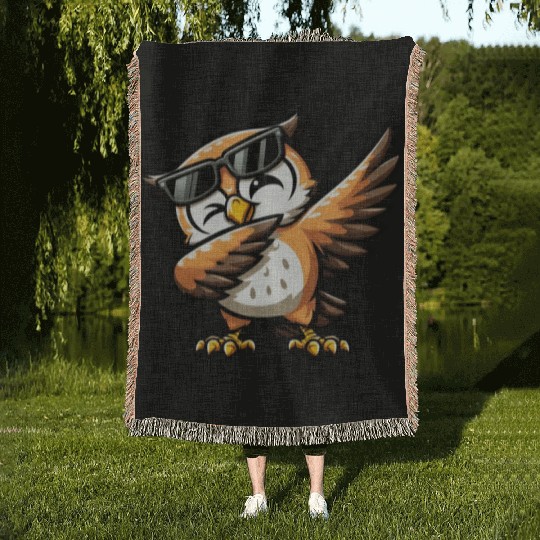 Cute Owl Dabbing Comic Woven Blankets