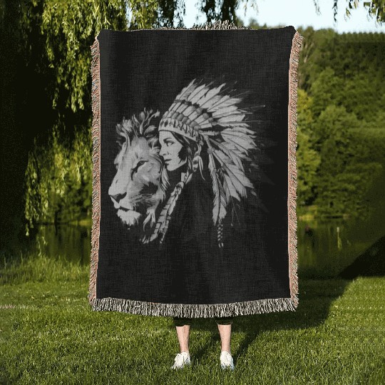 Native American woman and a majestic lion Woven Blankets
