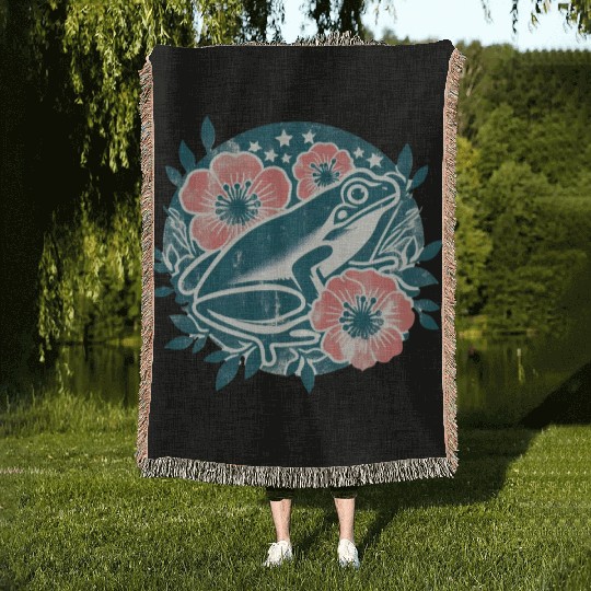 Vintage Frog and Flowers Amphibian Love in Nature Woven Blankets