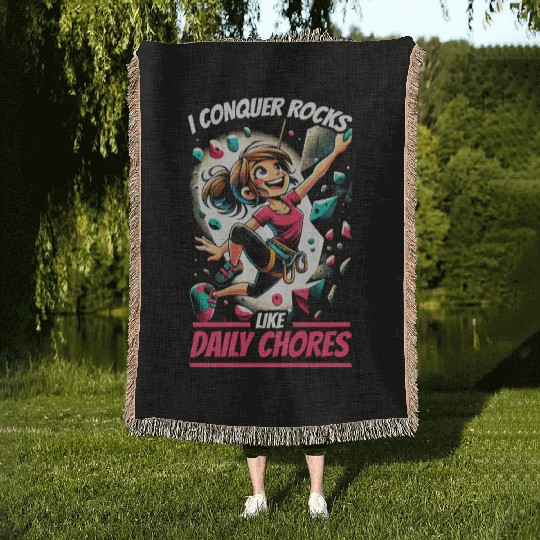 Bouldering Girl Boulderer Rock Climbing Wall Woven Blankets